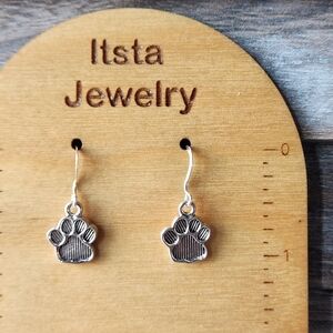 Dog Paw Print Charm Drop Earrings Sterling Silver French Earwires Pawprint Puppy